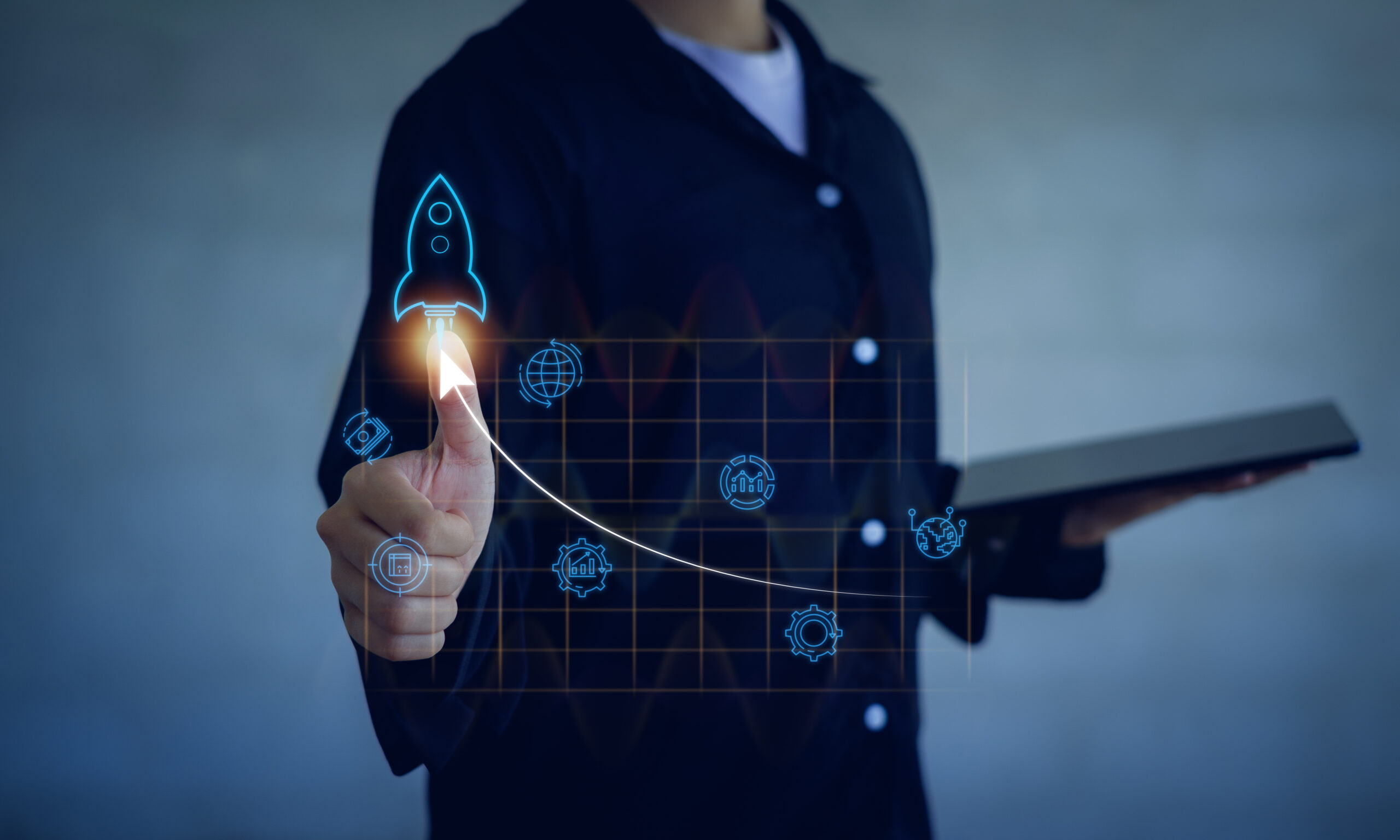 Startup concept plan development business project digital. Entrepreneurship launch rocket start flying up and network line connection.