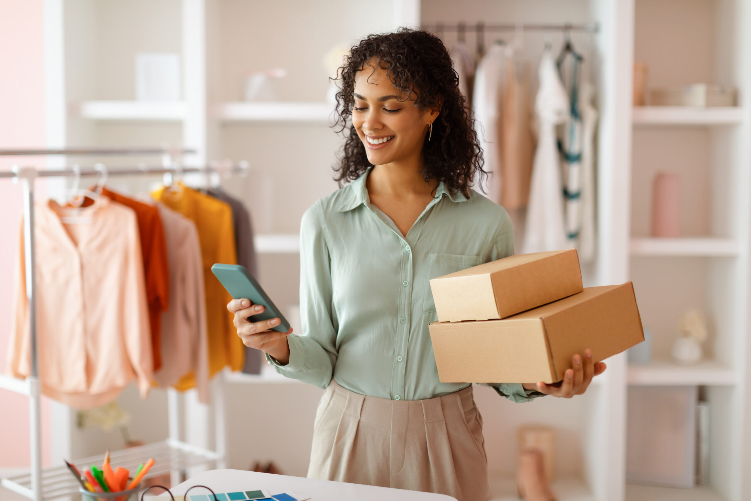 Cheerful entrepreneur with packages and phone in office